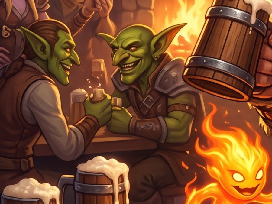 Two goblins laughing over drinks at the next table