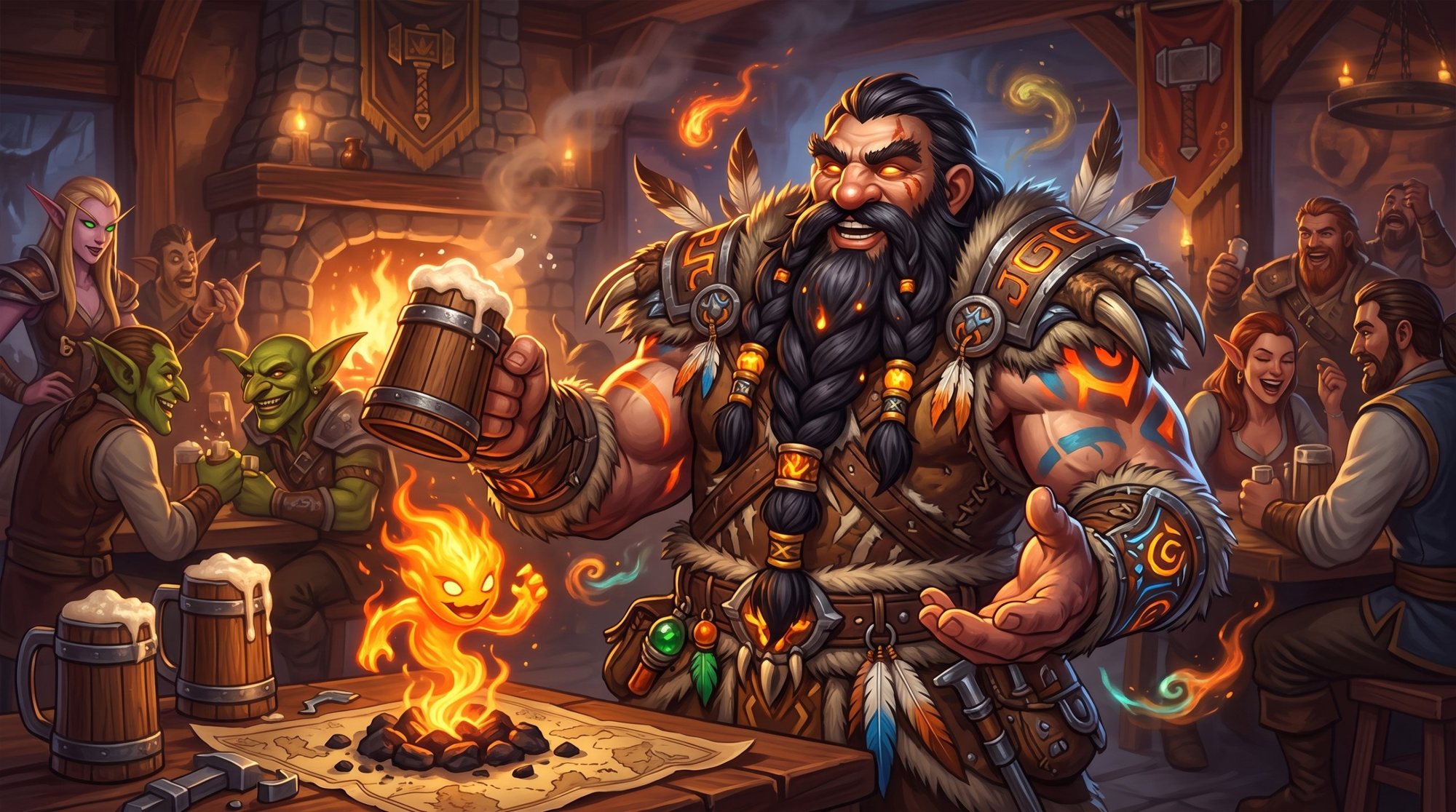 Dagnar Barleigh, a black-bearded dwarf shaman, raising a tankard in a crowded tavern while a small fire elemental dances on the table in front of him.