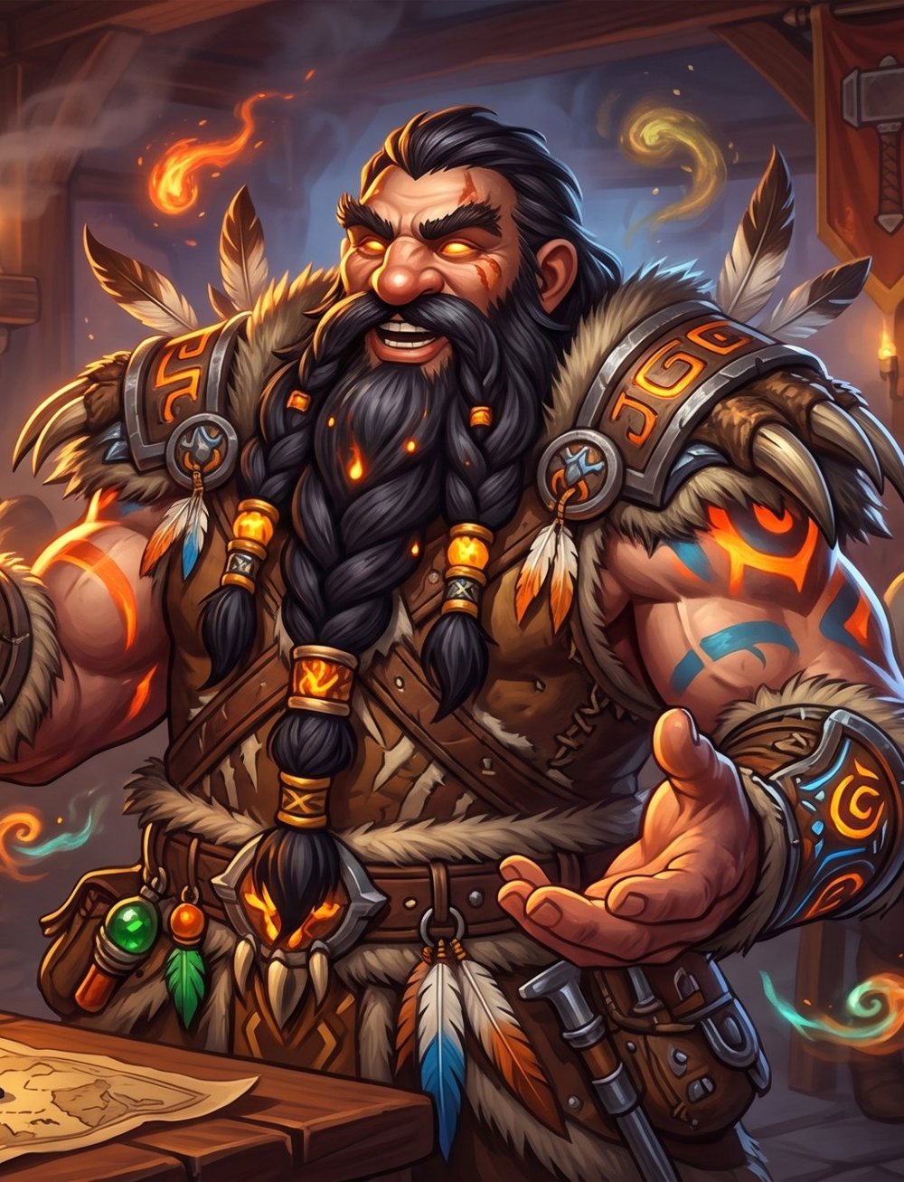 Close crop of Dagnar grinning, tankard raised, fire totem glowing on the table.